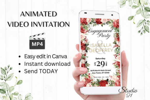 Elegant Red Roses Engagement Party Invite W1440