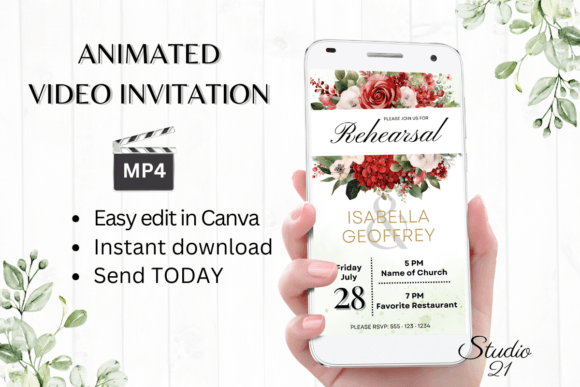 Red Roses Rehearsal Dinner Invite W7446: Elegant Wedding Stationery